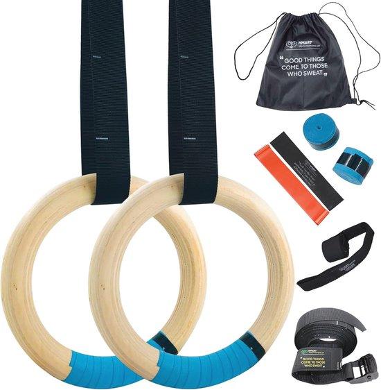 Holz-Turnringe mit verstellbaren Gurten und rutschfestem Handband - ideal für den Einsatz zu Hause und im Freien