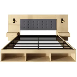 MODFU Doppelbett MDF helles Eichenfinish 180x200 cm mit 2 Nachttischen, USB-/Type-C-Anschluss und Leselampen