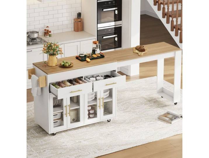 Îlot central de cuisine mobile plateau extensible SENVIRO - 132 5 à 217x50x93 cm blanc MDF tiroirs portes vitrées roulettes