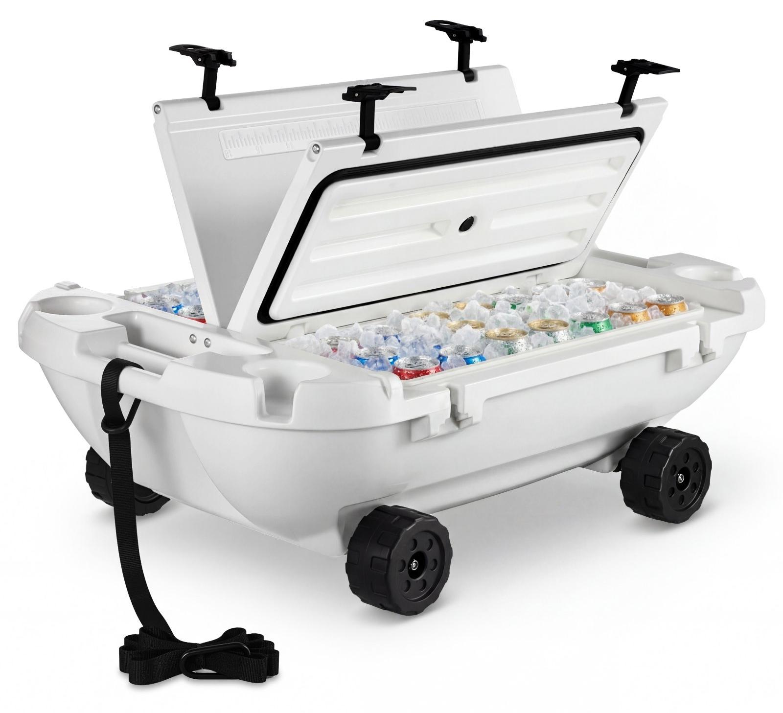 Amphibische Kühlbox - Schwimmender Getränkekühler - Fassungsvermögen 37,9 L - Mit Trockenfach - Räder & Zugseil für Wasser und Land - Kippstabil - Robustes LLDPE - Weiß