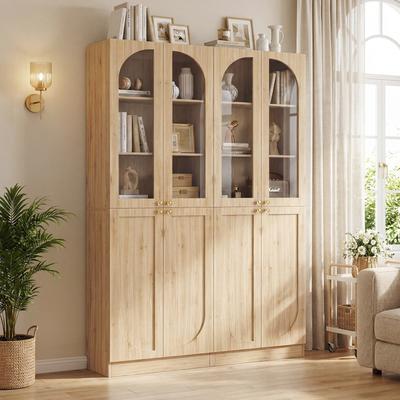 Rackcog 80'' H Bookcase with Arched Glass & Solid Doors, Modern Display Bookshelf Storage Cabinet for Living Room, Bedroom, Home Office