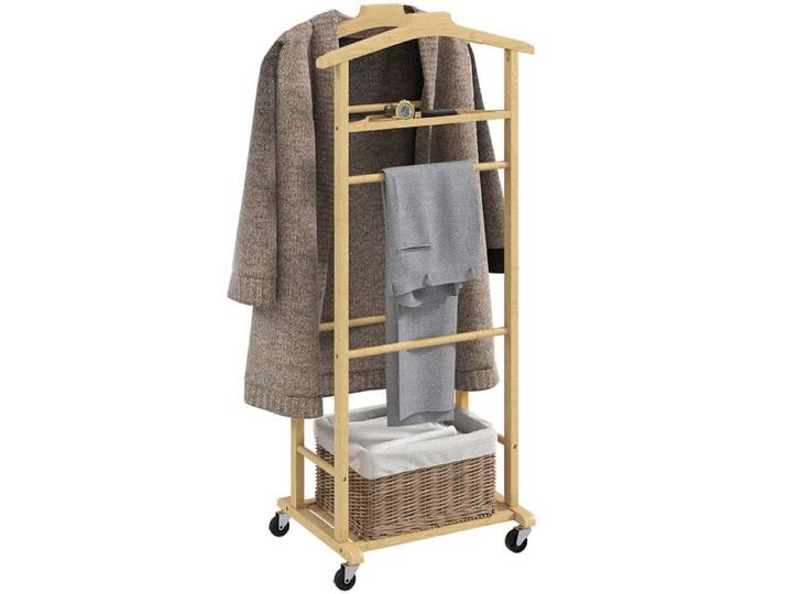 Porte-manteau-Valet de Nuit en Bambou sur Roulettes -Vêtements Double avec Porte-Pantalons et Étagère à Chaussures