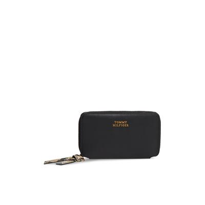 Geldbörse TOMMY HILFIGER "TH LEATHER MED ZA WALLET", Damen, schwarz, Leder, Basic, Kleinlederwaren, Damen Geldbeutel, Portemonnaie mit goldfarbenem Logoschriftzug