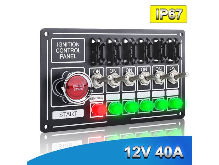 Nouveau panneau de commutation de course 12V, accessoire d'allumage de voiture de course, démarrage du moteur, 6 voyants lumineux, 6 interrupteurs à bascule fondus, arrêt rapide