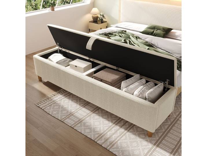 Banc de lit rembourré - CIPACHO - CIPACHO - Velours côtelé beige - Coffre de rangement hydraulique - Pieds en bois massif