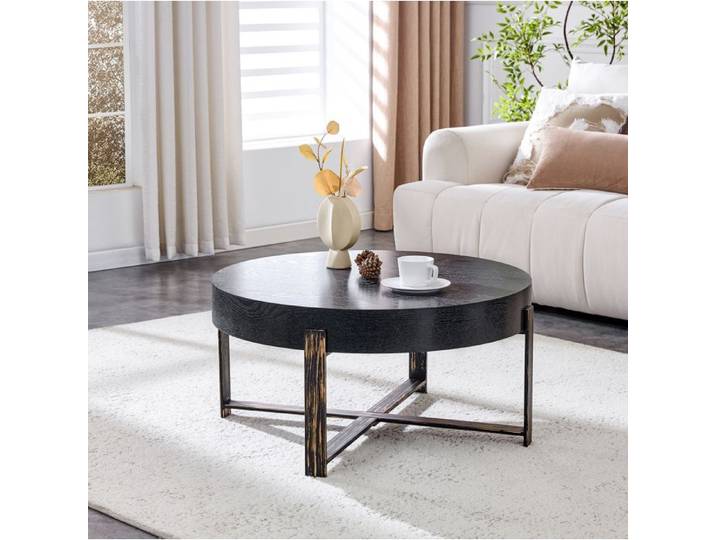 Table basse ronde 68 cm style industriel rétro noir et bronze antique en MDF et métal