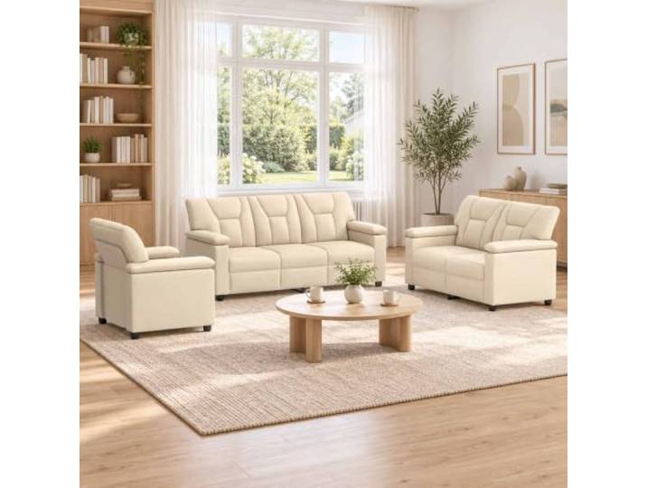 Sofa-Set 3 pcs Creme Kunstleder Metallrahmen Faserfüllung Kissen, Sperrholz Armlehnen, Reißverschluss Bezüge, modernes Design