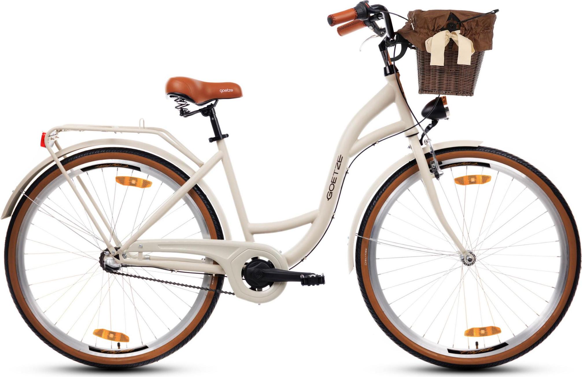 Goetze Style 28 Zoll City Bike, 18 Zoll Stahl Tiefeinsteiger, 3-Gang Shimano Nexus, Rücktrittbremse & V-Brake , LED-Beleuchtung, Rattankorb