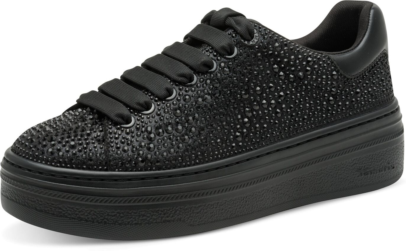 Plateausneaker TAMARIS, Damen, Gr. 37, schwarz, Textil, Velourslederimitat, unifarben, Schuhe Plateausneaker, Schnürer, Halbschuh, Freizeitschuh mit glänzenden Strasssteinen schwarz 37