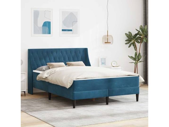 TUERYAFEK Samtbett Blau 140x190 cm Mit Matratze Fester Lattenrost, Fleckenresistenter Stoff, Kunststoffbeine, Einfache Reinigung