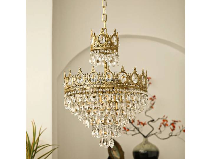 Lustre de luxe moderne LED cristal rétro français suspension lampe salon Restaurant chambre couronne dorée éclairage intérieur