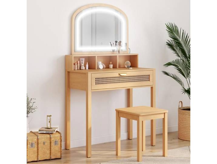 IDMARKET Coiffeuse EDHEN avec miroir LED 1 tiroir 3 niches et tabouret effet cannage naturel et bois