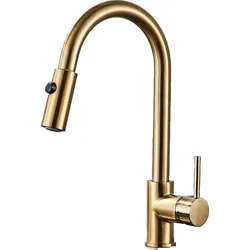 KLARWERK® Paul | ausziehbare Niederdruck Armatur Gold gebürstet | Edelstahl Wasserhahn Küche | U-Auslauf Mischer 360° drehbar | Boiler 3 Anschlüsse