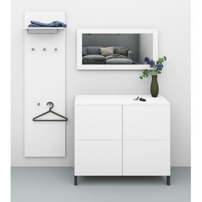 Garderoben-Set BORCHARDT MÖBEL "Haama 3-teilig mit Kommode, Wandpaneel und Spiegel", weiß (weiß matt), Kastenmöbel-Sets, Push-to-open-Technik, Metallfüße, platzsparend