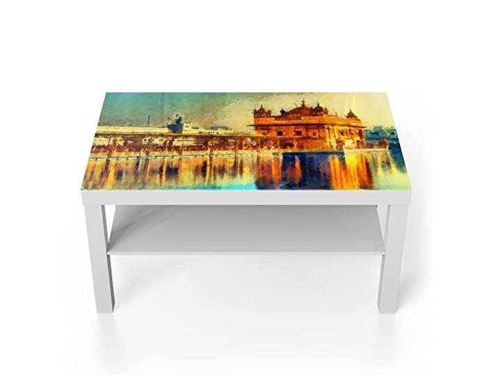 DEQORI Glastisch weiß groß 90x50 cm Motiv Hari Mandir Tempel ausgefallener Beistelltisch aus Glas Hochglanz Couchtisch fürs Wohnzimmer moderner Couch Tisch mit Design