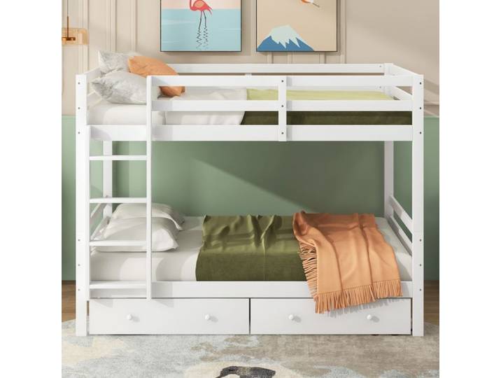 DRIPEX Lit superposé 140×200cm avec deux tiroirs Lit enfant avec échelle stable Blanc