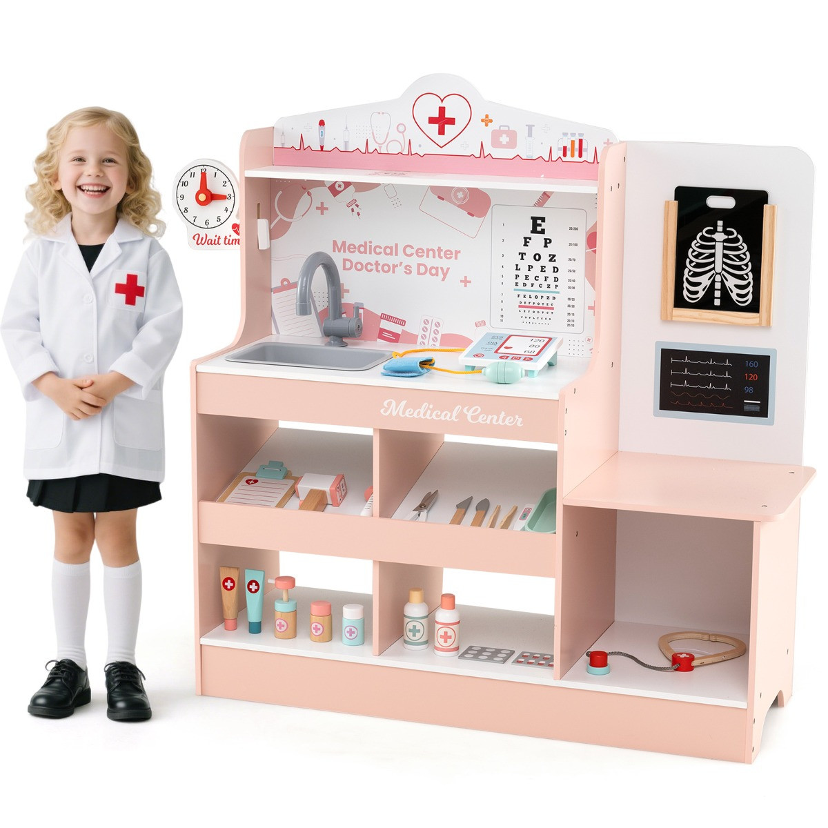 Costway Houten Dokter Speelset met Medische Apparatuur en 24 Accessoires - Roze
