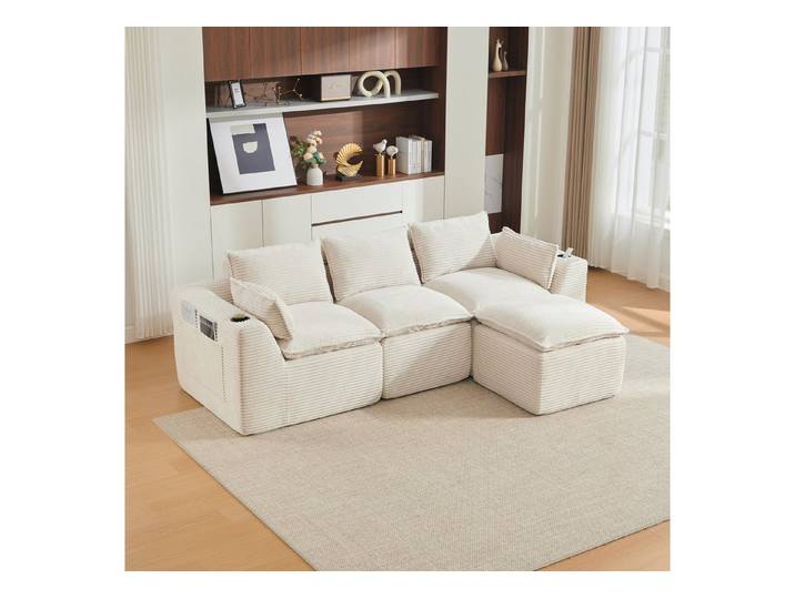OKWISH Sofa 3-Sitzer Ecksofa Loungesofa, mit Fußhocker im beigen Cordstoff, inkl. Getränkehalter, Seitentaschen & Kissen, Schaumstoff-Federkern Komfort, Loungesofa