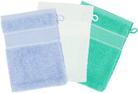 3er-Pack buttinette Walk-Frottier-Waschhandschuh, mint/smaragd/blau