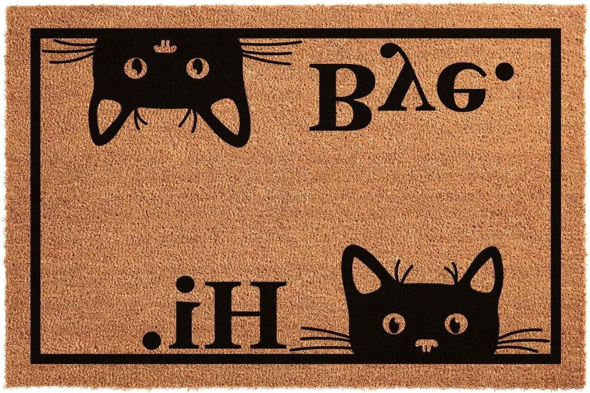 Kokos Deurmat Grappige Kat Hallo Bye met Antislip PVC Rug - 596 x 397 cm