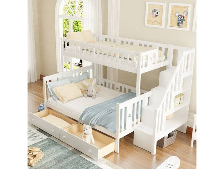 Lit superposé enfant 90x200 & 140x200cm - Blanc - 2 tiroirs - Escaliers de sécurité