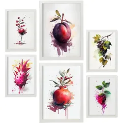 POSTER Set Mit 6 Lila Früchte Plakate Von Obst, Gemüse & Gesunden Lebensmitteln Im Aquarell Kunst Auf Reinweißen Hintergründen A3 & A4 Weißer Rahmen