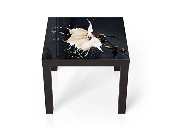 DEQORI Glastisch schwarz klein 55x55 cm Motiv Milchige Blüte ausgefallener Beistelltisch aus Glas Hochglanz Couchtisch fürs Wohnzimmer moderner Couch Tisch mit Design