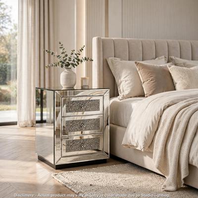 Benjara Mirrored Nightstand, 3-Drawers, Glass Front Panels, Silver Wood