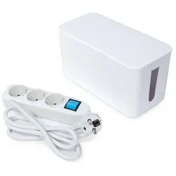 Perel Steckdosenleiste mit Schalter und Kabelbox, 3 Schutzkontakt-Steckdosen, Kabel 1.5 m, 3G1.5, Innenbereich, Weiß