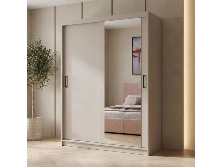 BEAUTYSOFA Schwebetürenschrank HELA 120 cm Kaschmir – 2-türig Moderner Kleiderschrank mit Spiegel und Schiebetüren