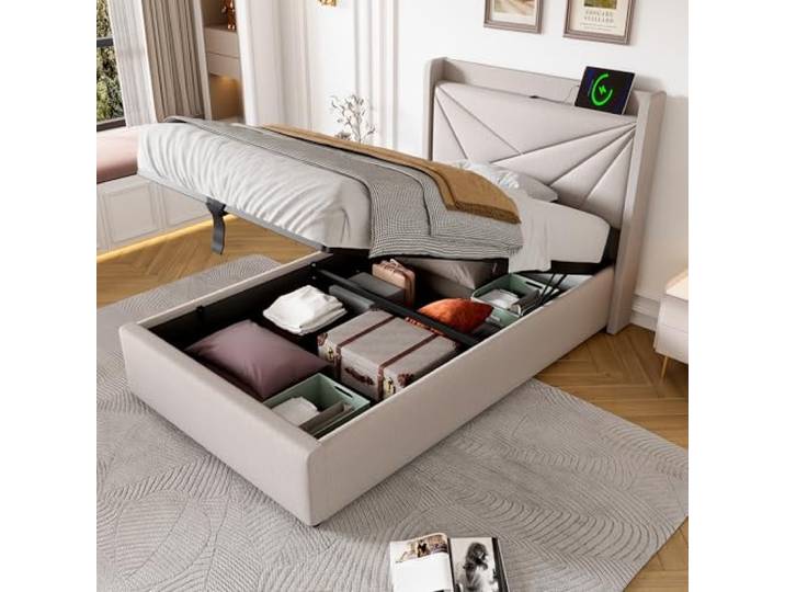 Ball & Cast Polsterbett 90x200 cm, Jugendbett mit stauraum u. USB, Beige Stauraumbett aus Leinen mit gepolstertes Kopfteil. Ohne Matratze. Einfache Montage. Ideal für Jugend- und Schlafzimmer