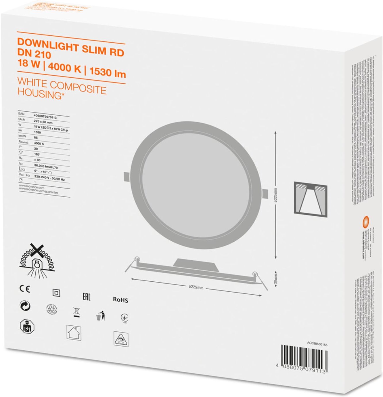 LEDVANCE LED Downlight 4000K IP20 DLSLIMDN21018W/4000K (4058075079113)