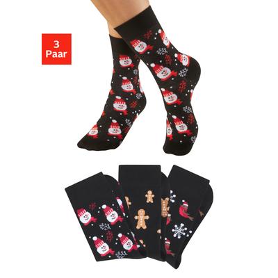 Basicsocken H.I.S "Damen Weihnachtssocken", Damen, Gr. 35-38, schwarz (3x schwarz gemustert), Baumwollmischung, gemustert, elastisch, Socken, mit lustigen Weihnachtsmotiven