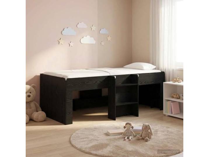 RJPLMFV Hochbettgestell für Kinder, Eiche, Schwarz, 80 x 200 cm Stabiles Holzwerkstoff, integrierte Leiter, Unterbettaufbewahrung, transparente TPE-Protektoren, moderner Stil