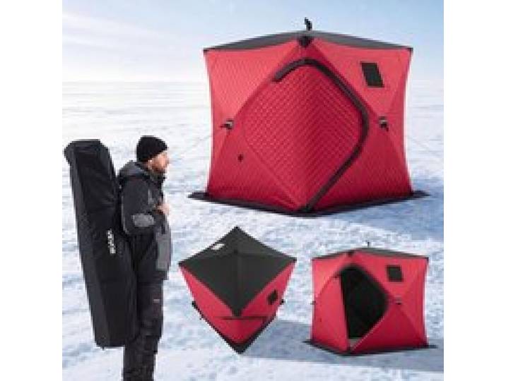 VEVOR Eisangelzelt Eisfischerzelt für 3-4 Personen 1,8x1,8x2m Zelt Isoliert, für Winterfischen, 3,13 m² Fläche, 600D 4-Lagiges Gewebe, Tragbares, Hub-Style-Angelzelt mit Ankern, Seilen, Tragetasche, Rot