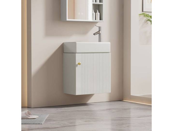 Meuble Salle de Bain Suspendu 46 cm avec Vasque Céramique Meuble sous Lavabo Mural Porte Soft Close Petite Pièce Blanc