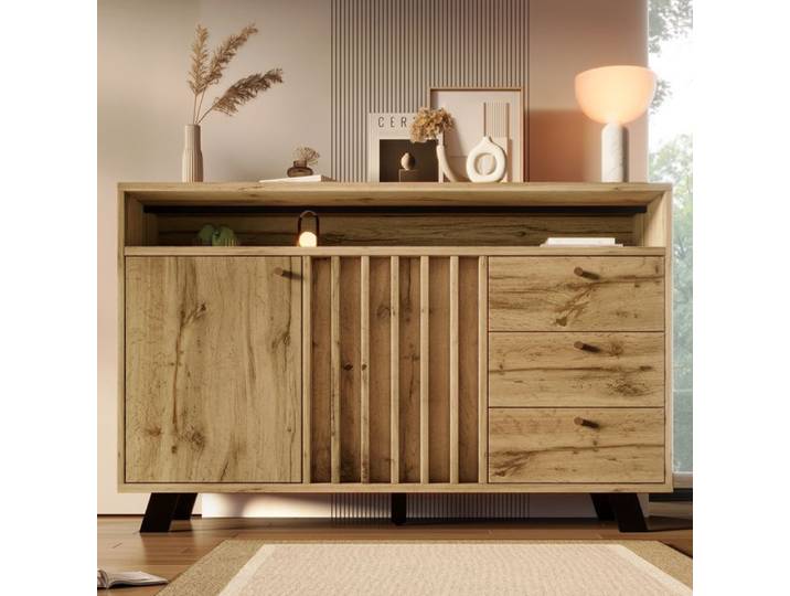 Buffet 120 cm chêne foncé vintage façade à lattes 3 tiroirs 2 portes niche ouverte