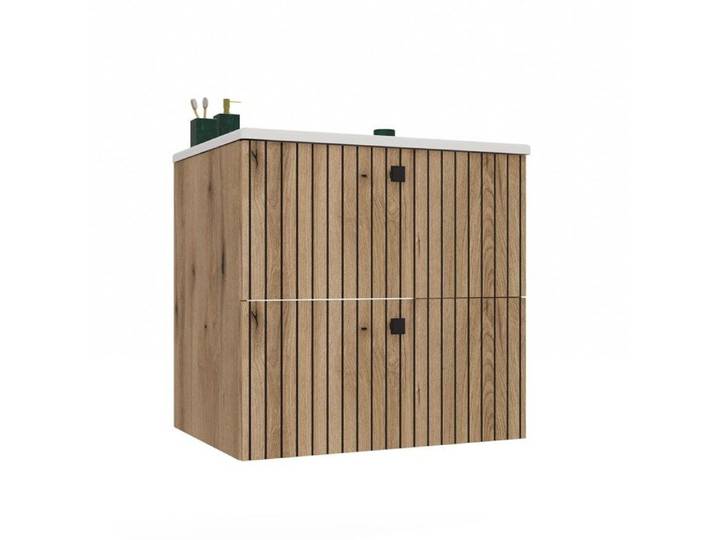 TIGO - Meuble sous lavabo 2 tiroirs chêne façade rainurée 60x45.5x57 + lavabo