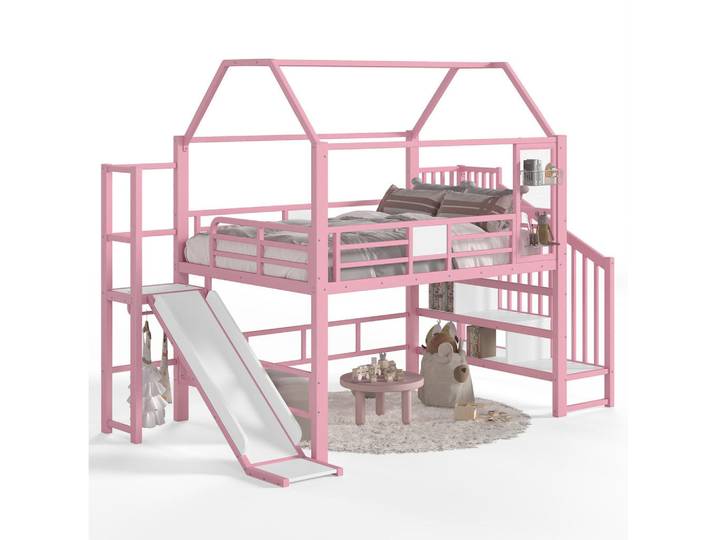 Modfu Kinderhochbett MDF & Metall 140x200 cm Pink im Hausdesign mit Rutsche, Treppe mit Ablagen und LED-Beleuchtung, 140x200 cm, Babymöbel & Kindermöbel, Kinderzimmer & Jugendzimmer, Kinderbetten, Hochbetten