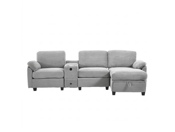 Oxeza Ecksofa 266/136/82 cm Hellgrau mit Abnehmbare Mittelkonsole, 1 Schublade, Seitentasche und beweglicher Stau-Ottoman, Mode, Füllung: Schaumstoff, 266x136 cm, Wohnzimmer, Sofas & Couches, Wohnlandschaften, Ecksofas