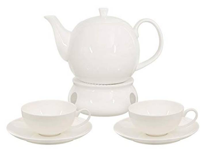 Buchensee Tee-Set / 6-teiliges Tee-Set, Teekanne 1,5 Liter mit 150ml Teetasse, Untertasse und Stövchen, Fine Bone China, Aricola®
