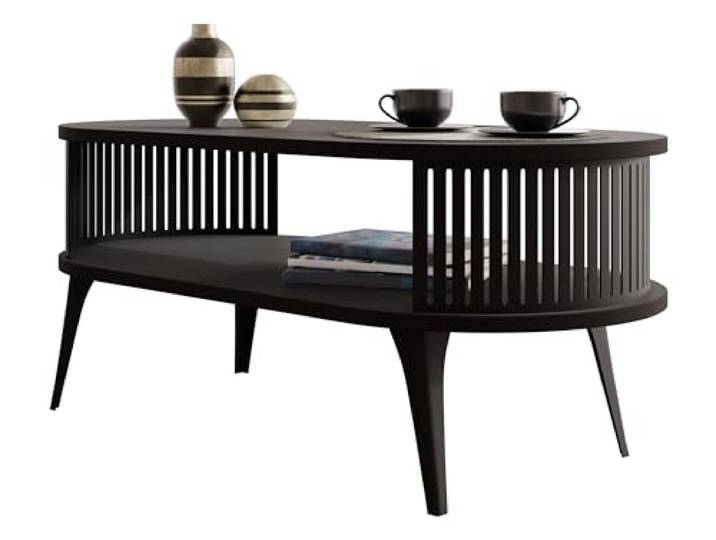 Mirjan24 Couchtisch Rajkon, ovale Form (Schwarz Molet, Schwarz) Moderner Wohnzimmertisch mit praktischer Ablage, pulverbeschichtetem Stahlgestell und pflegeleichter Oberfläche