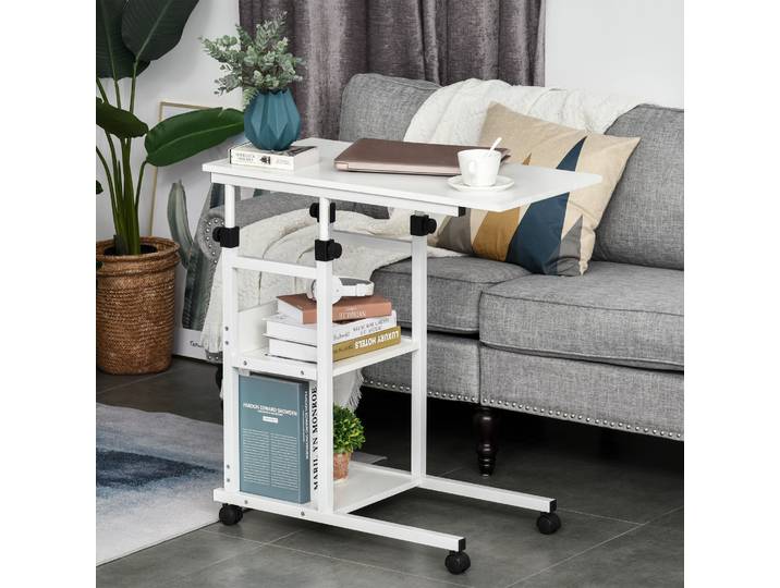 HOMCOM Table d'Appoint Roulante Métal Blanc Réglable