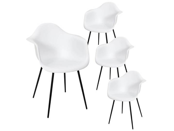 OMER - Lot de 4 Chaises Coque Accoudoirs Blanches Piètement Métal