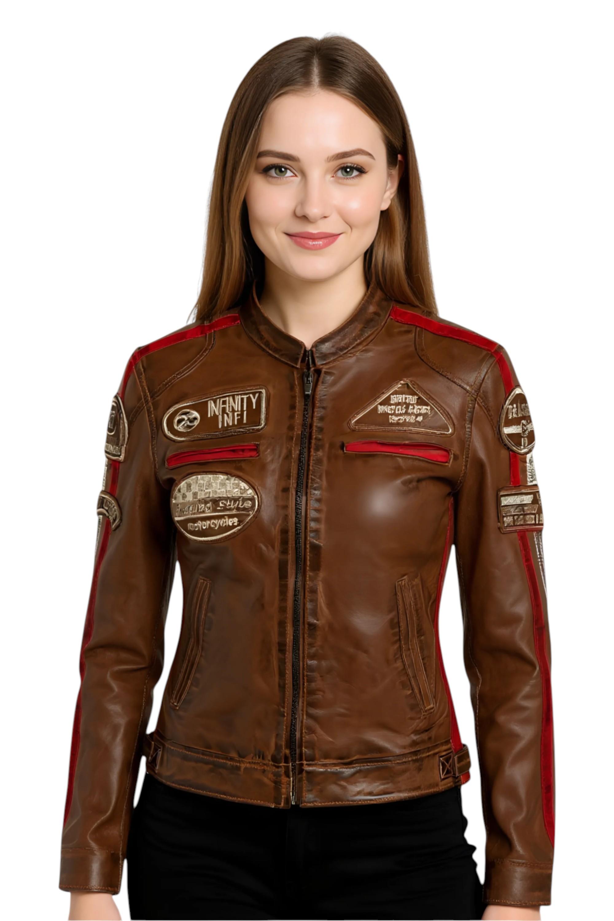 Damen-Bikerjacke aus hellbraunem Leder mit Rennabzeichen – Dalby