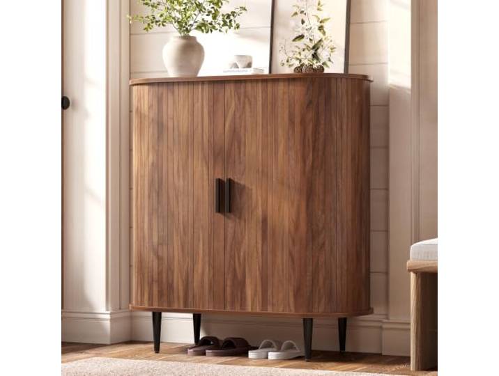 BXEYXE Sideboard mit 2 Schiebetüren, Rolljalousie-Türen & 4 Haken – Moderner Aufbewahrungsschrank mit viel Stauraum für Wohnzimmer & Flur, Holzoptik, 85x40x93 cm