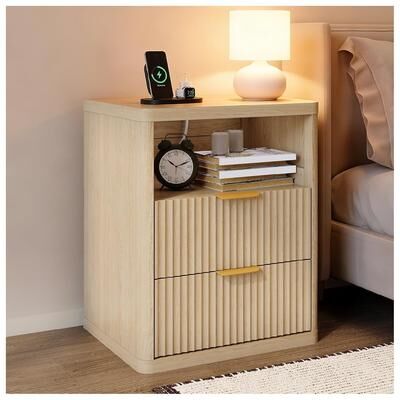 Garvee 1PC Natural Fluted Nightstand with Charging & Open Storage