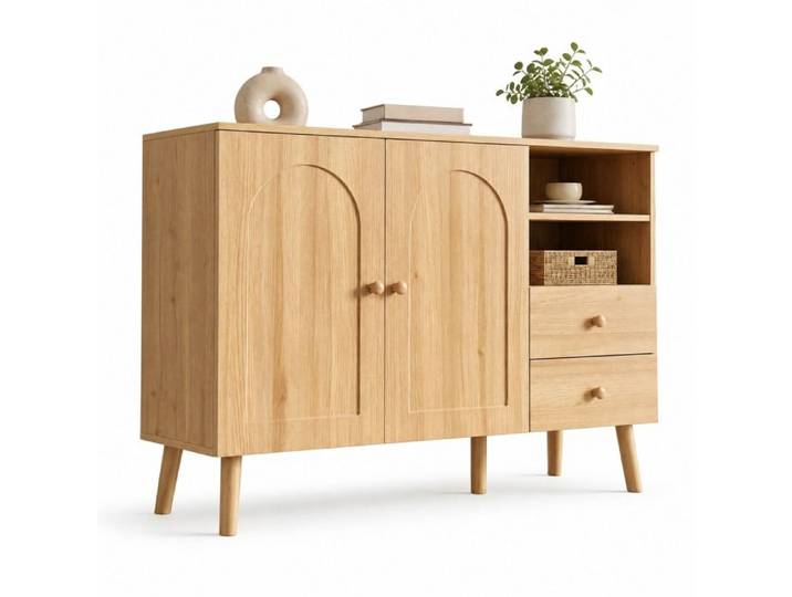 Buffet bas – Natural – portes cintrées 2 portes 2 tiroirs étagères ouvertes pieds en bois