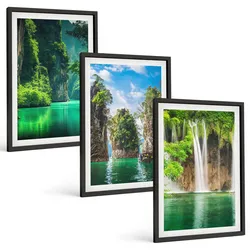 BILDER SET 3er Set - 40x60 cm Schwarzer Rahmen - Grüne Landschaften, Wasserfälle