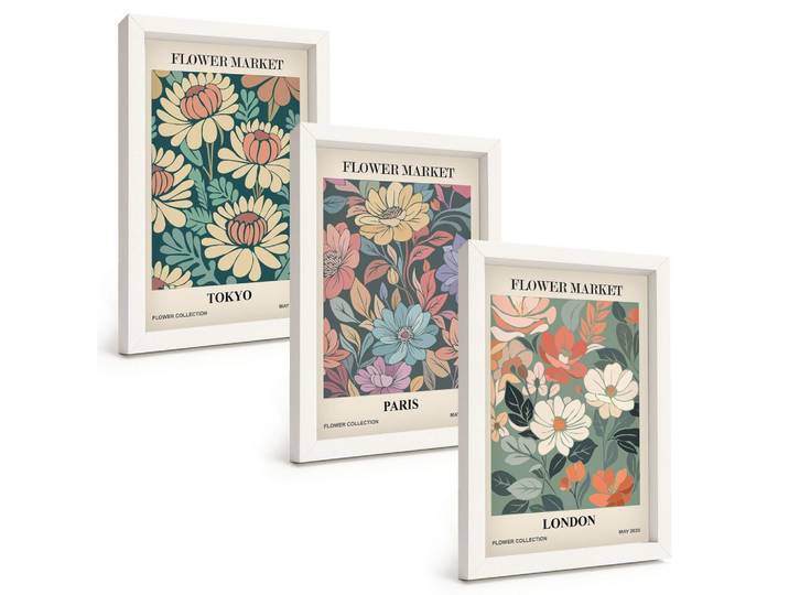 BILDER SET 3er Set - 20x30 cm Weißer Rahmen - Blumenposter Tokio Paris London